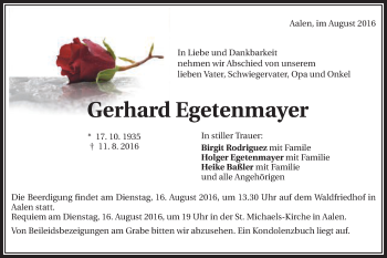 Traueranzeige von Gerhard Egetenmayer von Schwäbische Post