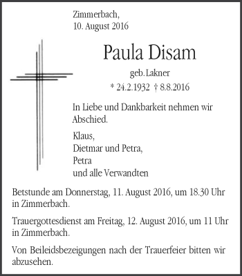 Traueranzeige von Paula Disam von Gmünder Tagespost