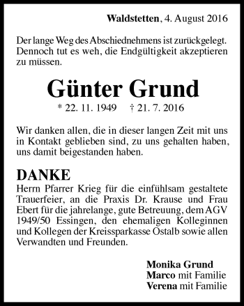 Traueranzeige von Günter Grund von Gmünder Tagespost