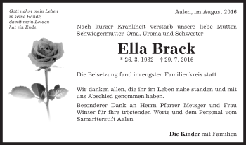 Traueranzeige von Ella Brack von Schwäbische Post