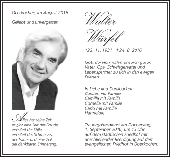 Traueranzeige von Walter Würfel von Schwäbische Post