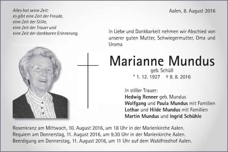  Traueranzeige für Marianne Mundus vom 10.08.2016 aus Schwäbische Post