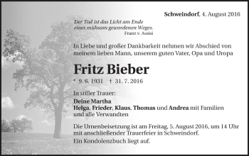 Traueranzeige von Fritz Bieber von Schwäbische Post