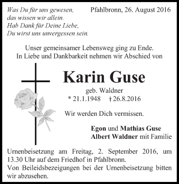 Traueranzeige von Karin Guse von Gmünder Tagespost