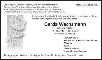 Traueranzeige von Gerda Wachsmann von Schwäbische Post