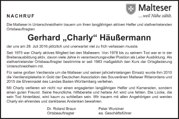 Traueranzeige von Gerhard Häußermann von Schwäbische Post
