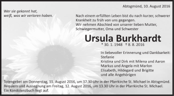 Traueranzeige von Ursula Burkhardt von Schwäbische Post