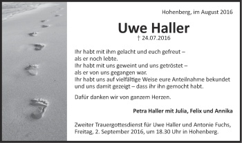 Traueranzeige von Uwe Haller von Schwäbische Post