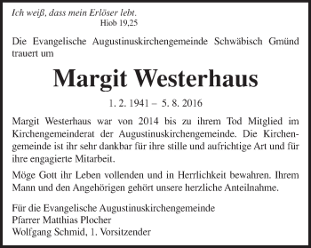 Traueranzeige von Margit Westerhaus von Gmünder Tagespost