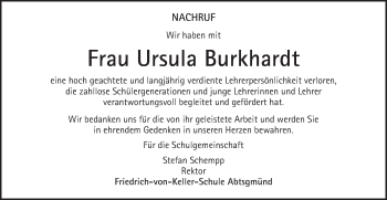 Traueranzeige von Ursula Burkhardt von Schwäbische Post