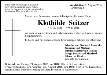 Traueranzeige von Klothilde Seitzer von Gmünder Tagespost