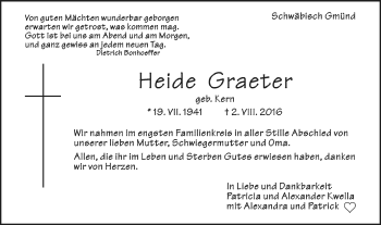 Traueranzeige von Heide  Graeter von Gmünder Tagespost