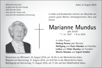 Traueranzeige von Marianne Mundus von Schwäbische Post