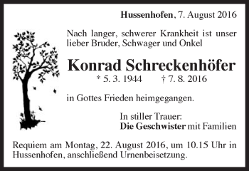 Traueranzeige von Konrad Schreckenhöfer von Gmünder Tagespost