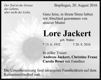 Traueranzeige von Lore Jackert von Schwäbische Post