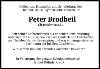 Traueranzeige von Peter Brodbeil von Schwäbische Post