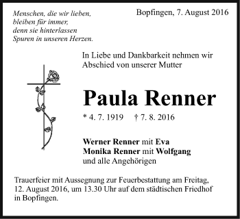 Traueranzeige von Paula Renner von Schwäbische Post