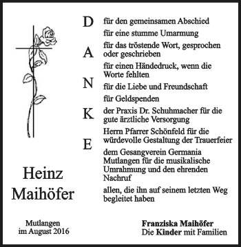 Traueranzeige von Heinz Maihöfer von Gmünder Tagespost
