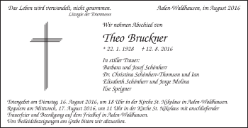Traueranzeige von Theo Bruckner von Schwäbische Post