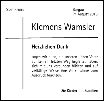 Traueranzeige von Klemens Wamsler von Gmünder Tagespost