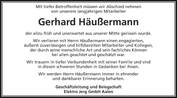 Traueranzeige von Gerhard Häußermann von Schwäbische Post