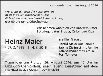 Traueranzeige von Heinz Maier von Schwäbische Post
