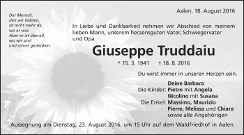 Traueranzeige von Giuseppe Truddaiu von Schwäbische Post