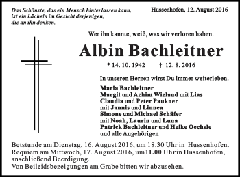 Traueranzeige von Albin Bachleitner von Gmünder Tagespost