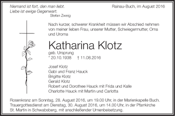 Traueranzeige von Katharina Klotz von Schwäbische Post