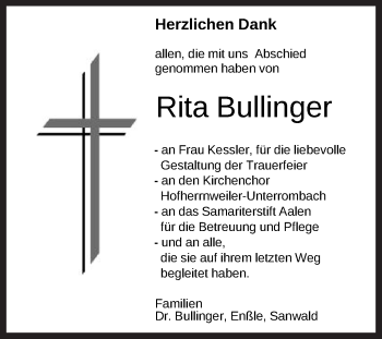 Traueranzeige von Rita Bullinger  von Schwäbische Post