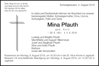 Traueranzeige von Mina Pfauth von Schwäbische Post
