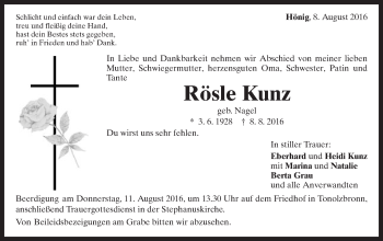 Traueranzeige von Rösle Kunz von Gmünder Tagespost