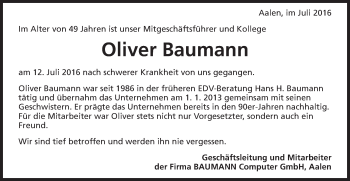 Traueranzeige von Oliver Baumann von Schwäbische Post