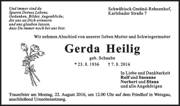 Traueranzeige von Gerda Heilig von Gmünder Tagespost