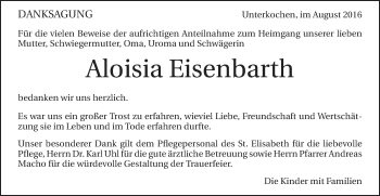 Traueranzeige von Aloisia Eisenbarth von Schwäbische Post