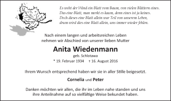 Traueranzeige von Anita Wiedenmann von Schwäbische Post