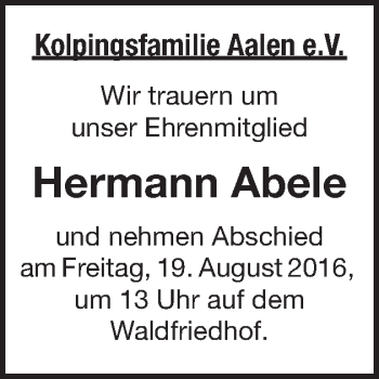 Traueranzeige von Hermann Abele von Schwäbische Post