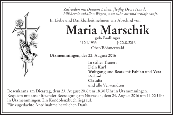 Traueranzeige von Maria Marschik von Schwäbische Post