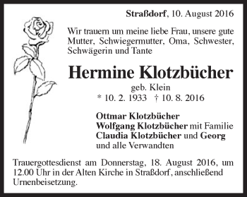 Traueranzeige von Hermine Klotzbücher von Gmünder Tagespost