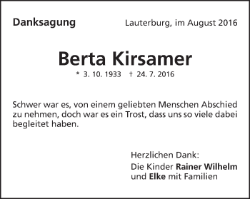 Traueranzeige von Berta Kirsamer von Schwäbische Post