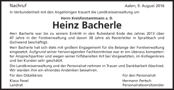 Traueranzeige von Heinz  Bacherle von Gmünder Tagespost