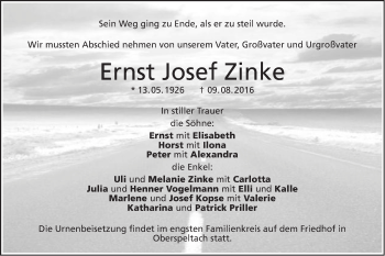 Traueranzeige von Ernst Josef Zinke von Schwäbische Post