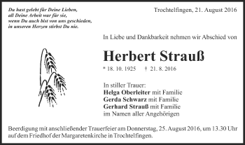 Traueranzeige von Herbert Strauß von Schwäbische Post