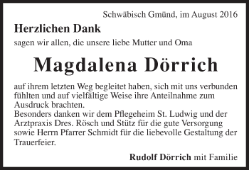 Traueranzeige von Magdalena Dörrich von Gmünder Tagespost
