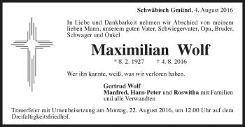 Traueranzeige von Maximilian Wolf von Gmünder Tagespost