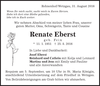 Traueranzeige von Renate Eberst von Gmünder Tagespost