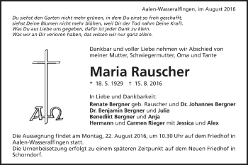 Traueranzeige von Maria Rauscher von Schwäbische Post