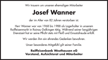 Traueranzeige von Josef Wanner von Schwäbische Post