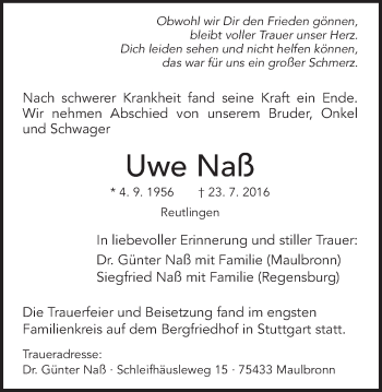 Traueranzeige von Uwe Naß von Gmünder Tagespost