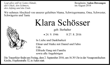 Traueranzeige von Klara Schösser von Schwäbische Post